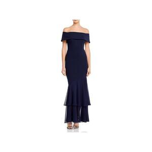 AQUA FORMAL Womens Navy Layered Short Sleeve Full-Length Formal Mermaid Dress 2